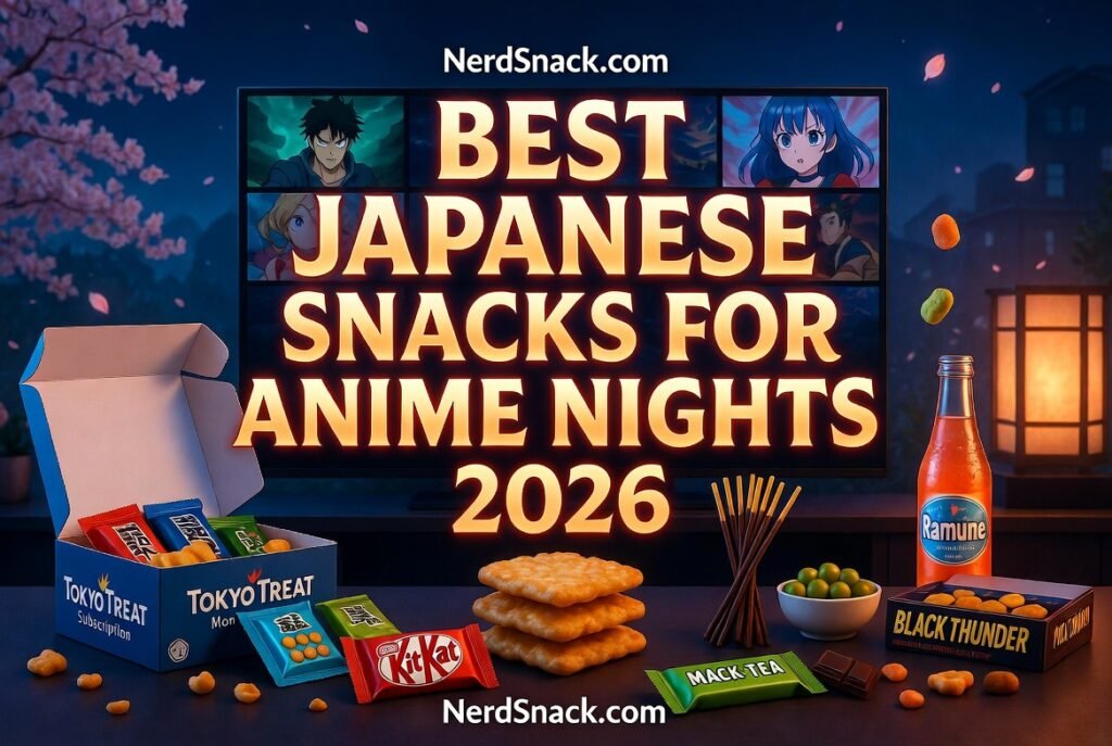 alt="Best Japanese Snacks for Anime Nights 2026 – neon anime gaming desk with Tokyo Treat monthly box, giant senbei crackers, matcha KitKat, Pocky sticks, Black Thunder chocolate, wasabi peas and Ramune candy under glowing cherry blossoms and anime TV screen"