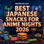 alt="Best Japanese Snacks for Anime Nights 2026 – neon anime gaming desk with Tokyo Treat monthly box, giant senbei crackers, matcha KitKat, Pocky sticks, Black Thunder chocolate, wasabi peas and Ramune candy under glowing cherry blossoms and anime TV screen"
