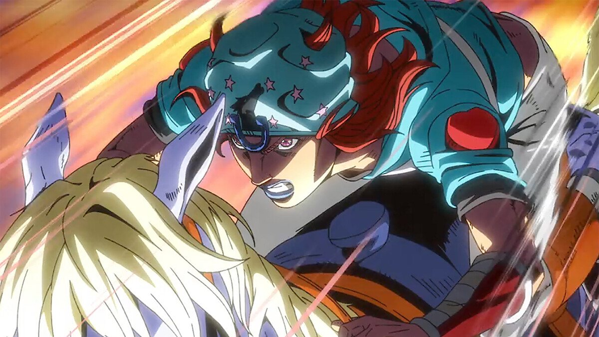 Johnny Joestar mid-race in the Steel Ball Run anime