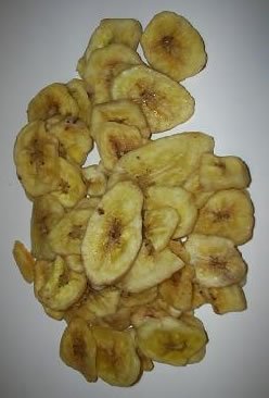 Crispy dried banana chips in a pile