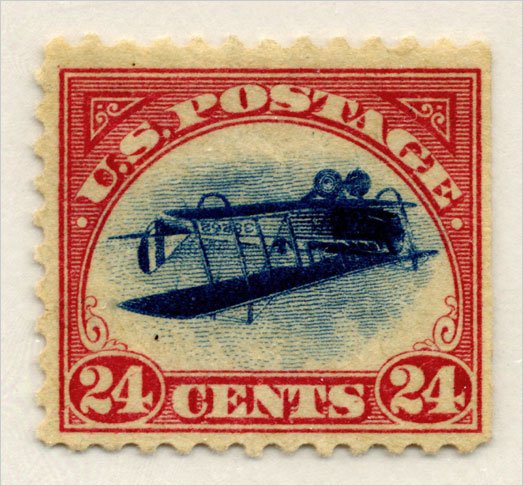 The 1918 Inverted Jenny airmail stamp showing the Curtiss JN-4 biplane printed upside down