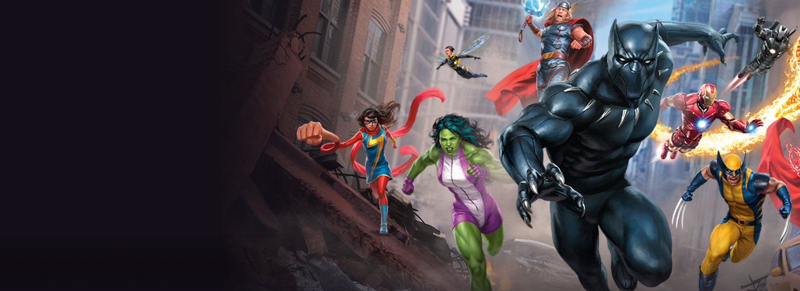 Magic The Gathering Marvel Super Heroes official set header art featuring Iron Man and other Marvel characters