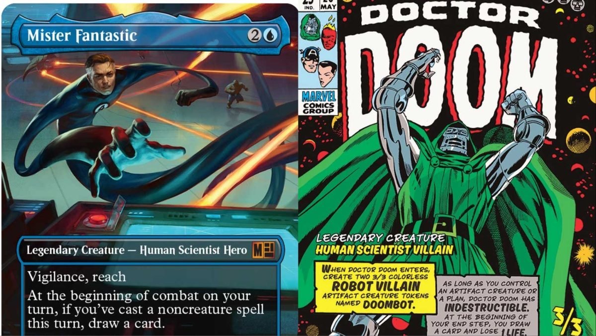 Magic The Gathering Marvel Super Heroes — Mister Fantastic & Doctor Doom Cards MTG Marvel Super Heroes cards - Mister Fantastic and Doctor Doom official card art