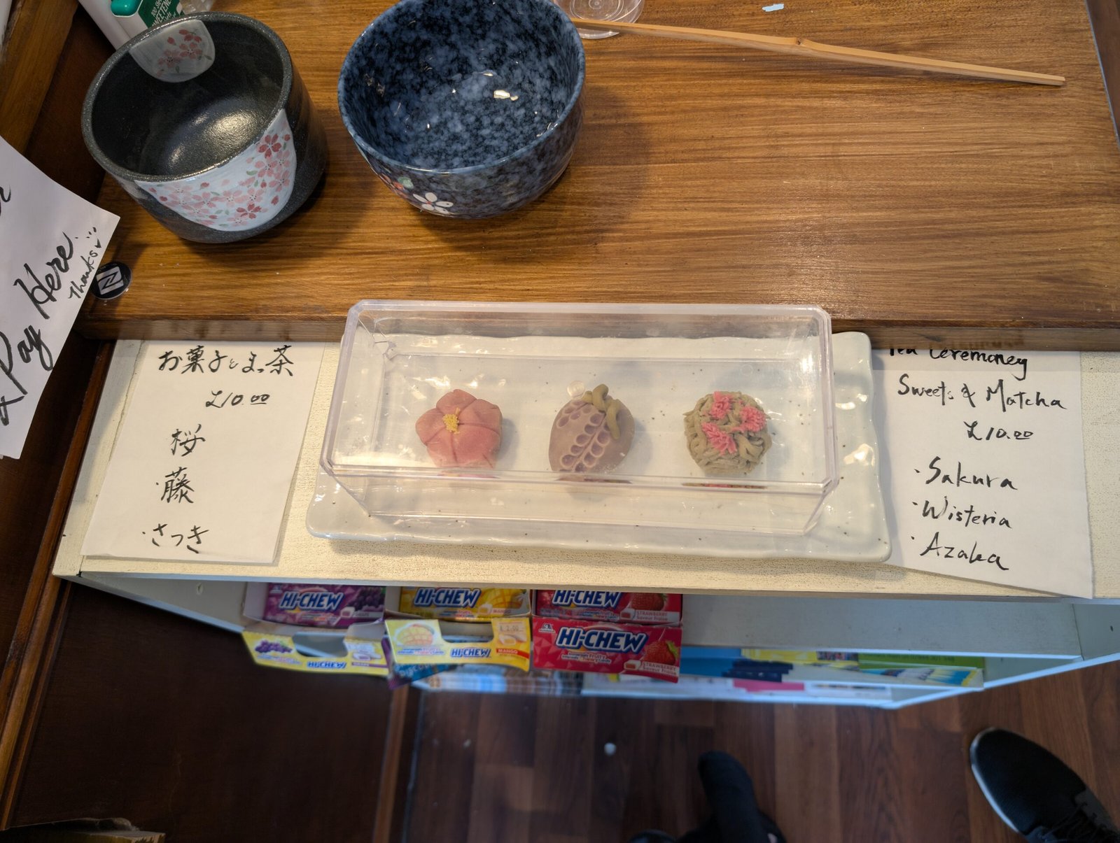 Traditional Japanese wagashi confections in pink, purple and green