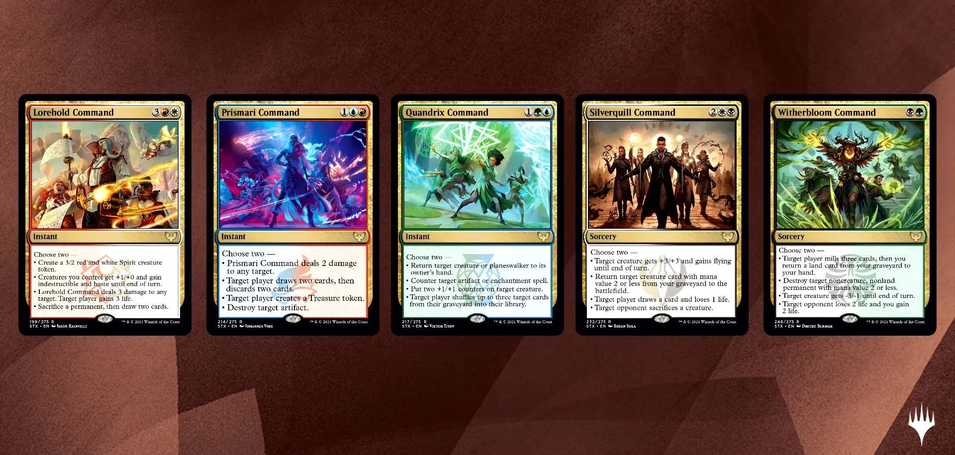 The five Strixhaven college Command cards: Lorehold, Prismari, Quandrix, Silverquill and Witherbloom