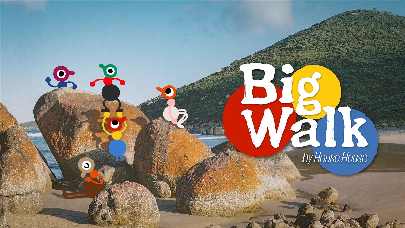 Big Walk key art showing the game's doodle-style walkers on a Wilsons Promontory beach