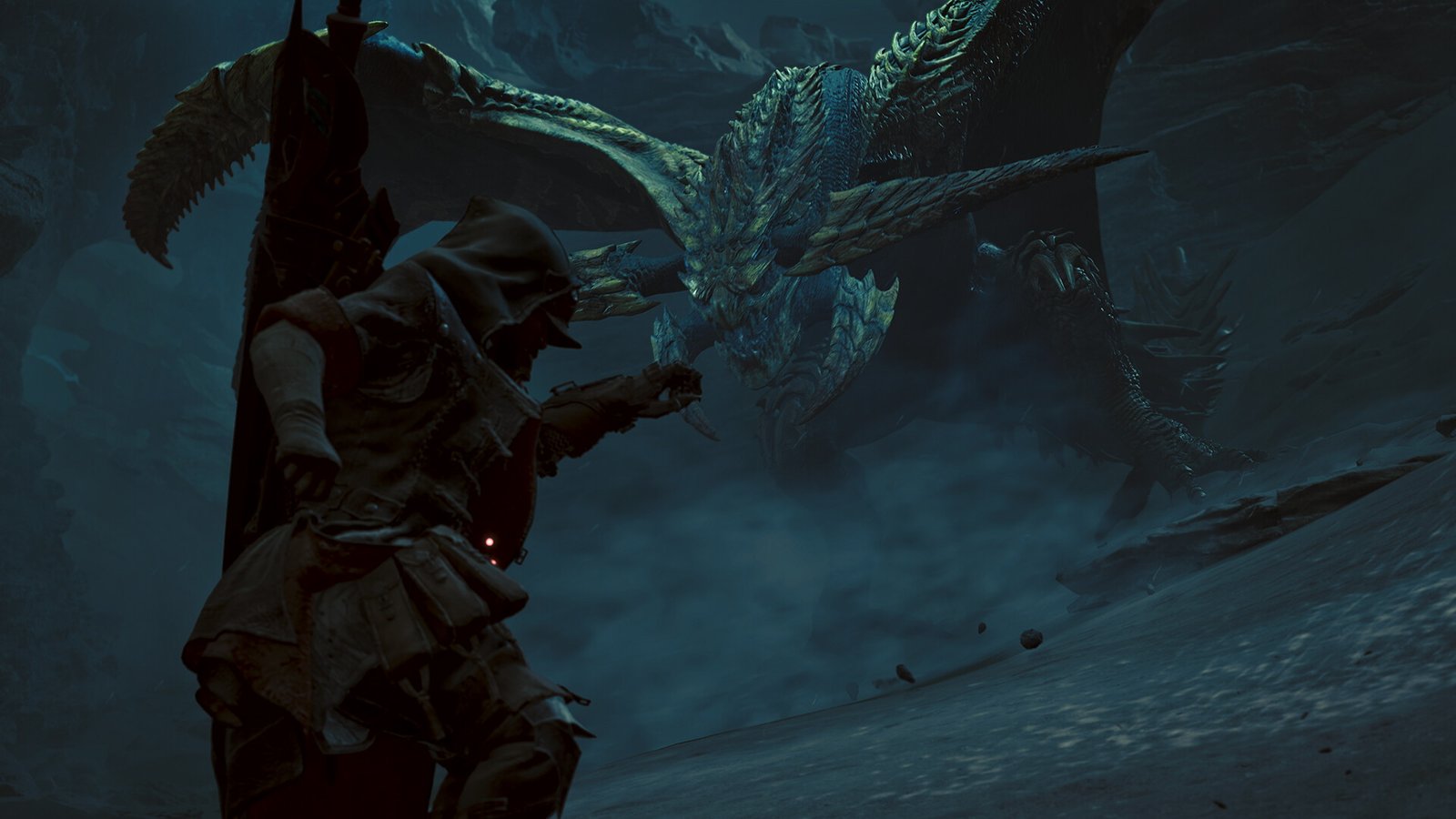 Hunter fighting a monster with a B-tier weapon in Monster Hunter Wilds