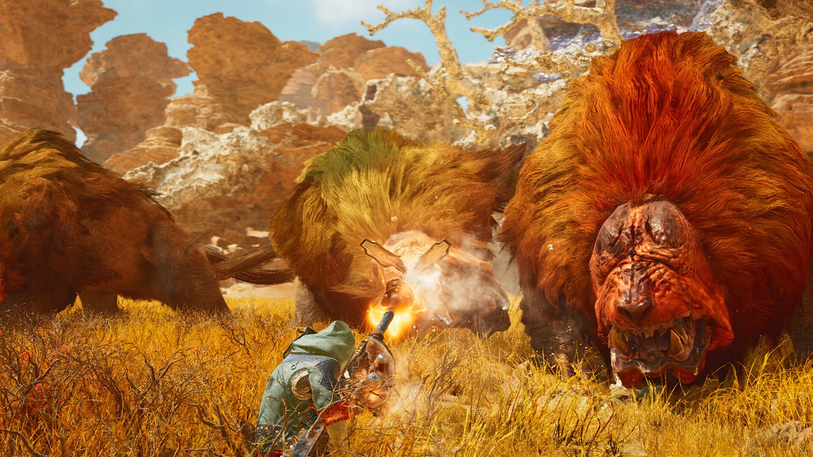 Hunter using a weapon against a large monster in Monster Hunter Wilds