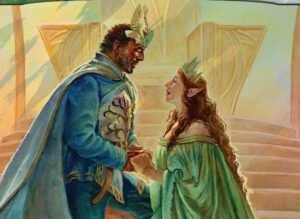 Aragorn and Arwen, Wed, official Magic: The Gathering Box Topper card art from The Hobbit