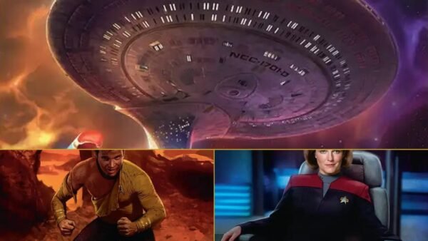 Official Magic: The Gathering | Star Trek artwork featuring the U.S.S. Enterprise-D, Captain Kirk, and Captain Janeway