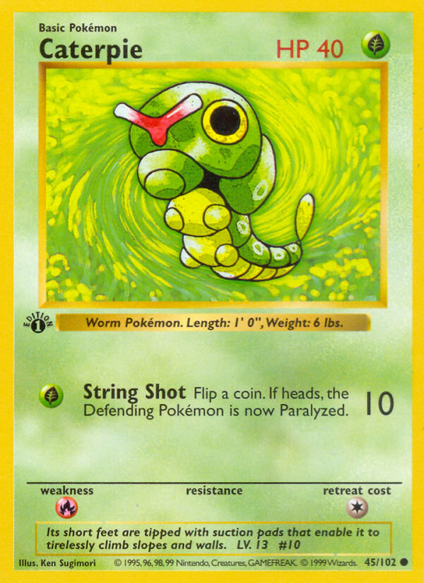 Caterpie Base Set official Pokemon TCG card, example of the no-rarity-symbol print run