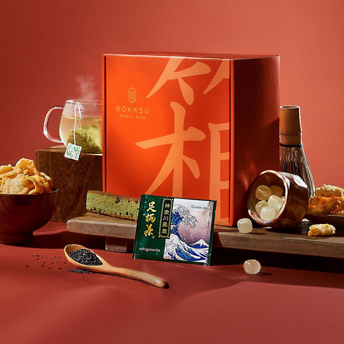 Official Bokksu Snack Box with snacks, tea, and matcha whisk