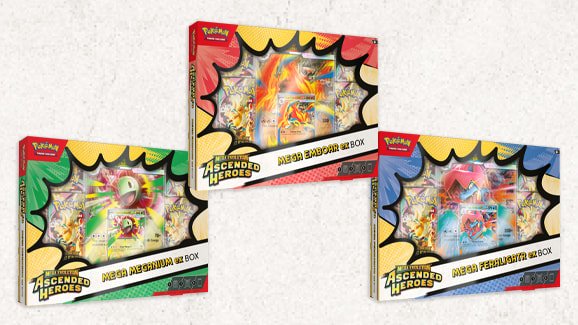 Official Pokemon TCG Mega Meganium ex, Mega Emboar ex, and Mega Feraligatr ex box art