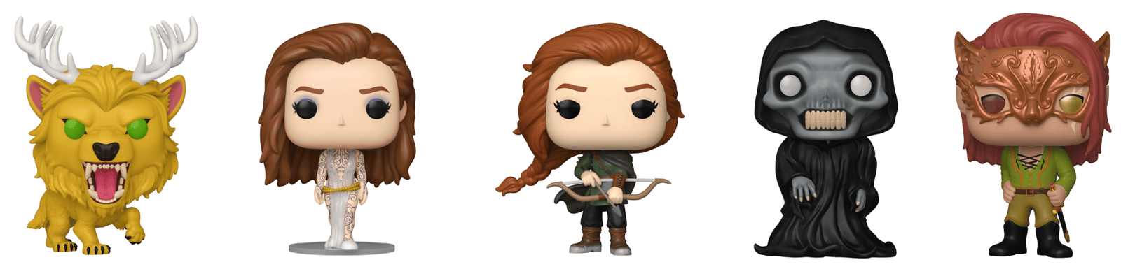 A Court of Thorns and Roses Funko Pop group shot: Tamlin Beast Form, Feyre, Feyre archer, The Suriel, and Tamlin
