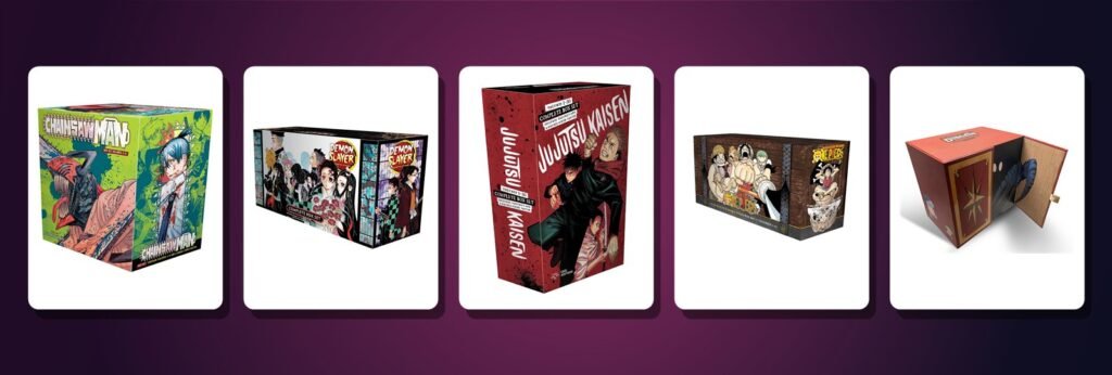 Five manga box sets on display: Chainsaw Man, Demon Slayer, Jujutsu Kaisen, One Piece and Delicious in Dungeon