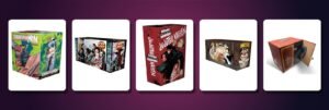 Five manga box sets on display: Chainsaw Man, Demon Slayer, Jujutsu Kaisen, One Piece and Delicious in Dungeon