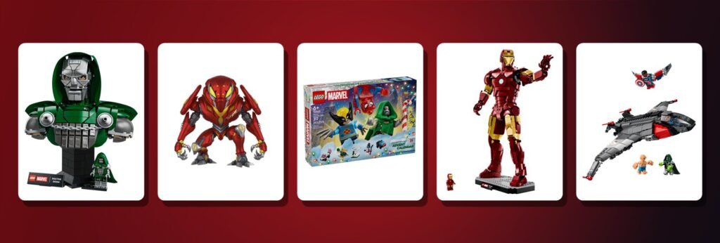 LEGO Doctor Doom Bust, Funko Peni Parker, LEGO Marvel Advent Calendar, LEGO Iron Man Mark 3 and LEGO Doomsday Quinjet