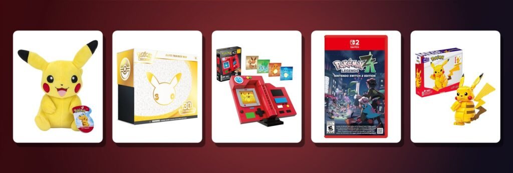 Pokemon gifts on display: Pikachu plush, 30th Celebration Elite Trainer Box, MEGA Kanto Pokedex, Pokemon Legends Z-A and MEGA Jumbo Pikachu