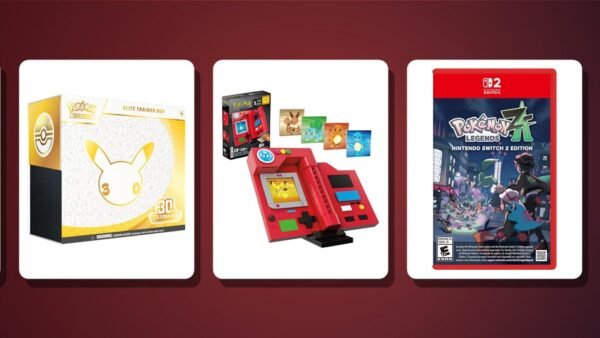 Pokemon gifts on display: Pikachu plush, 30th Celebration Elite Trainer Box, MEGA Kanto Pokedex, Pokemon Legends Z-A and MEGA Jumbo Pikachu