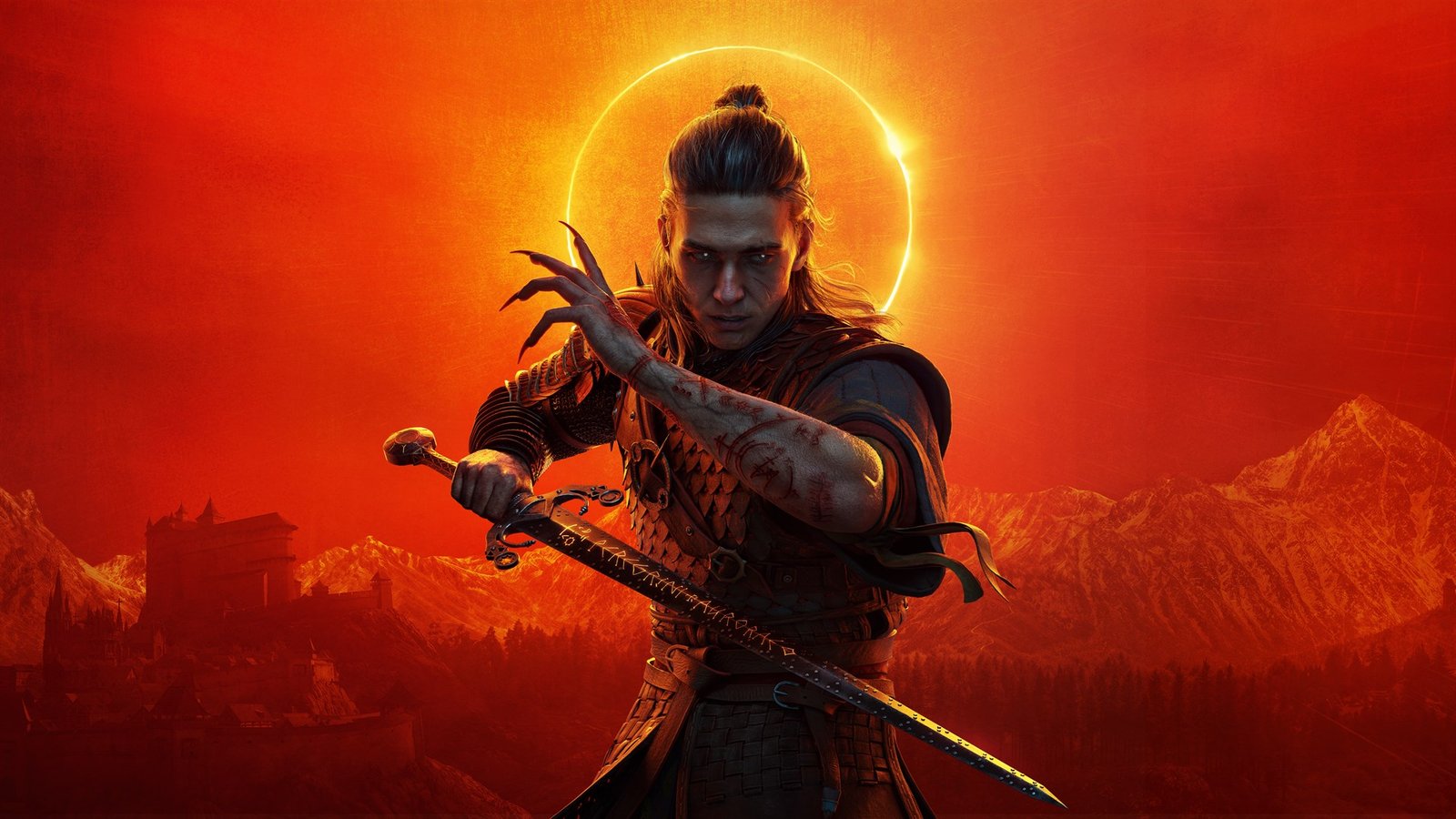 The Blood of Dawnwalker key art, Coen with vampiric claws and sword under a solar eclipse