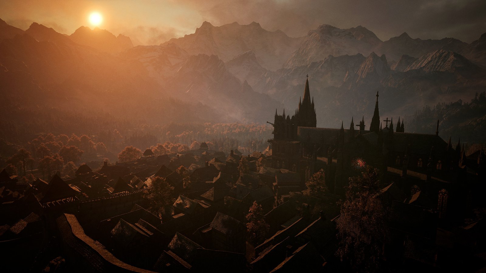Sunset over Vale Sangora village and mountains in The Blood of Dawnwalker