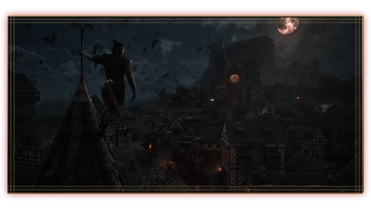Coen perched on a rooftop overlooking a medieval town at night in The Blood of Dawnwalker