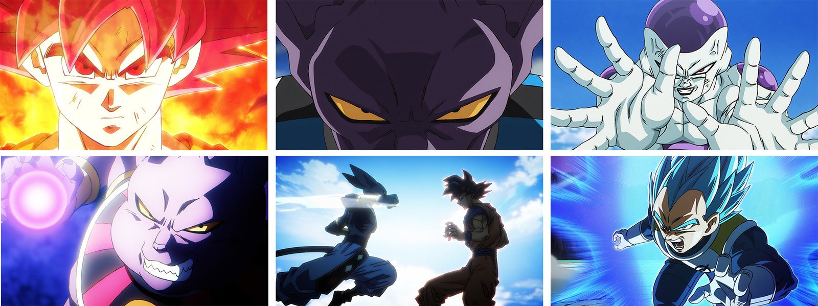 Trailer stills from the Dragon Ball Super: Beerus Super Surge trailer, showing Goku, Beerus, Frieza, and Vegeta