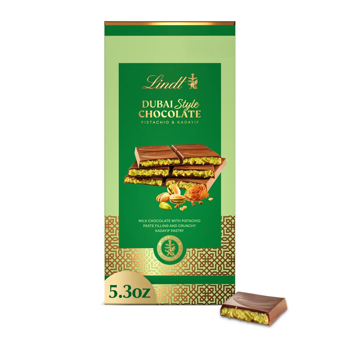 Lindt Dubai Style Milk Chocolate bar with pistachio and kadayif, sold at Target