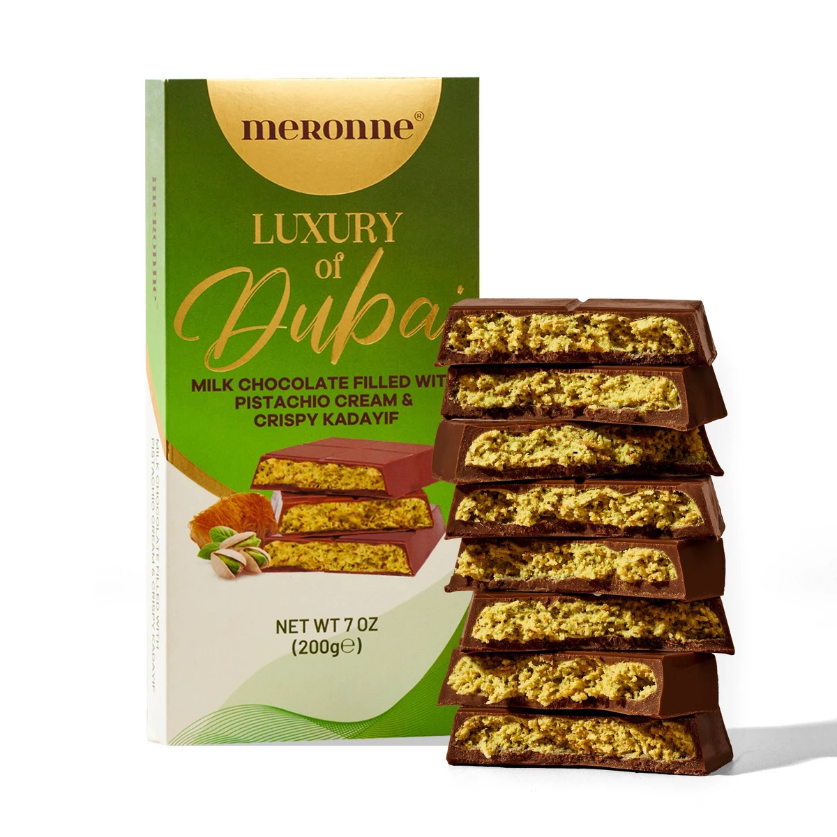Meronne Dubai milk chocolate filled with pistachio cream and crispy kadayif, sold at Target