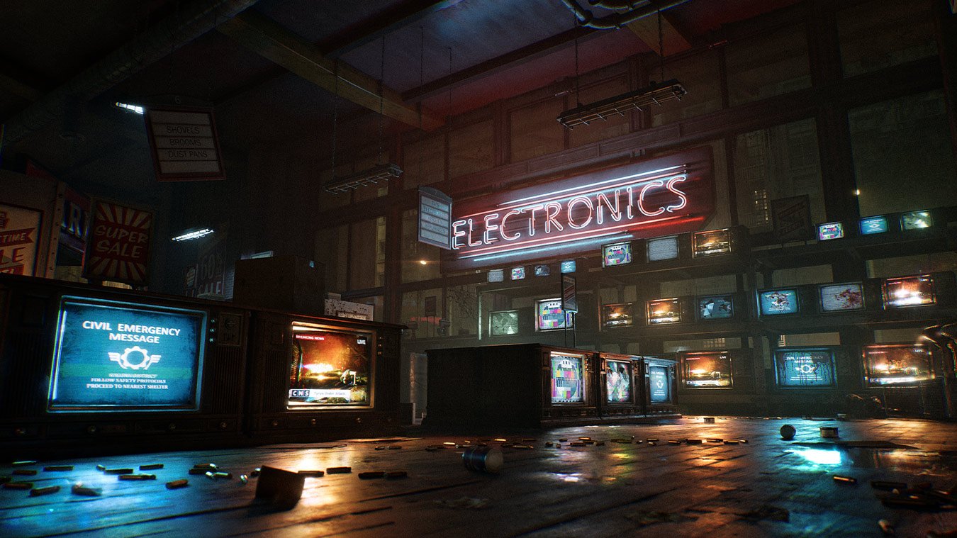 Abandoned electronics store broadcasting Emergence Day news in Gears of War E-Day