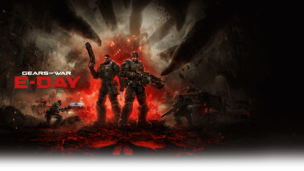 Gears of War E-Day key art, Marcus Fenix and Dom during Emergence Day