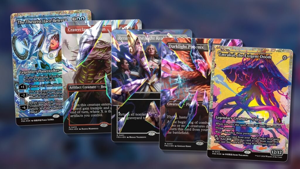 MTG Reality Fracture chase cards: fracture foil Jace, facet foil Craterclaw Colossus, Return to the Light Realms, Darklight Phoenix and fracture foil Emrakul