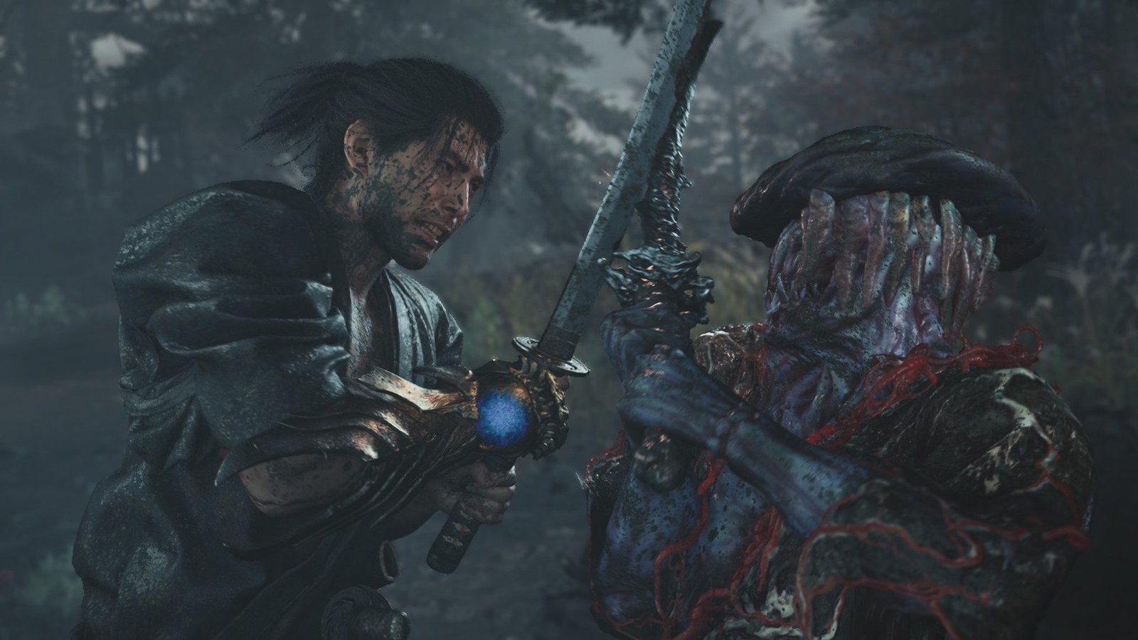 Musashi clashing swords with a Genma demon in Onimusha: Way of the Sword