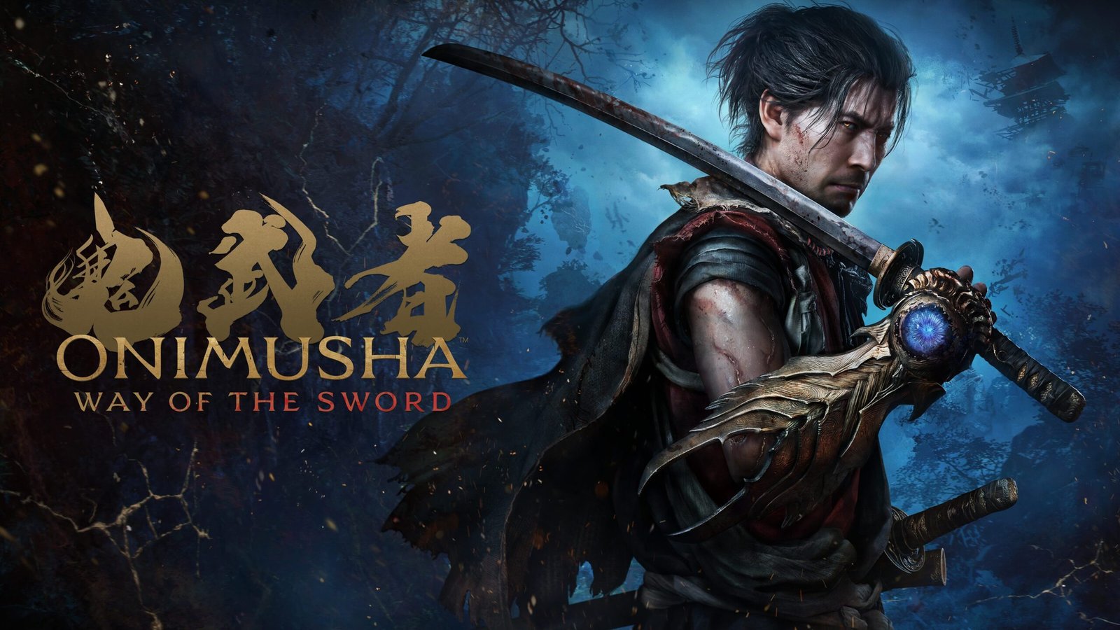 Onimusha: Way of the Sword official key art, Musashi wielding the Oni Gauntlet