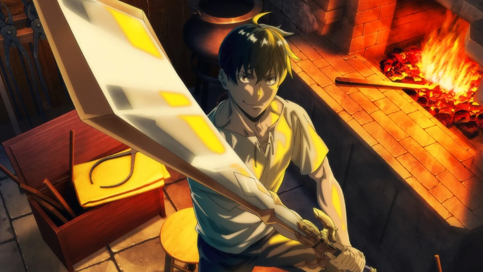 Overgeared anime key visual — Grid forging a weapon at his blacksmith workshop