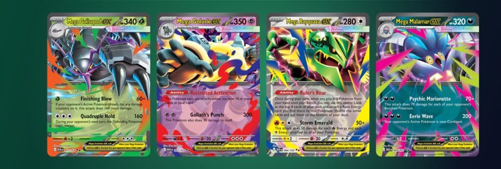 Mega Golisopod ex, Mega Golurk ex, Mega Rayquaza ex and Mega Malamar ex cards from Pokemon TCG Delta Reign
