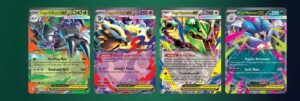 Mega Golisopod ex, Mega Golurk ex, Mega Rayquaza ex and Mega Malamar ex cards from Pokemon TCG Delta Reign