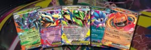 Pokémon Delta Reign Mega ex cards fanned out: Mega Golisopod ex, Mega Golurk ex, Mega Rayquaza ex, Mega Malamar ex and Heat Rotom ex