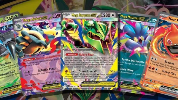 Pokémon Delta Reign Mega ex cards fanned out: Mega Golisopod ex, Mega Golurk ex, Mega Rayquaza ex, Mega Malamar ex and Heat Rotom ex