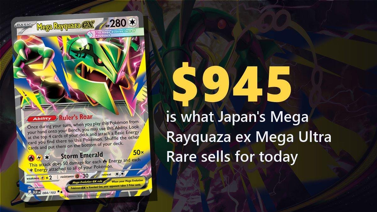 Mega Rayquaza ex card from Pokémon Delta Reign: its Japanese Mega Ultra Rare sells for about $945