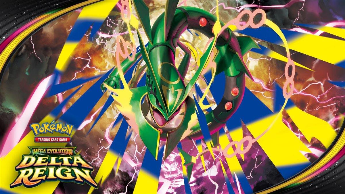 Official Pokémon TCG Mega Evolution Delta Reign key art featuring Mega Rayquaza