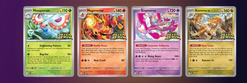 Delta Reign prerelease promo cards: Masquerain, Magmortar, Enamorus and Kommo-o