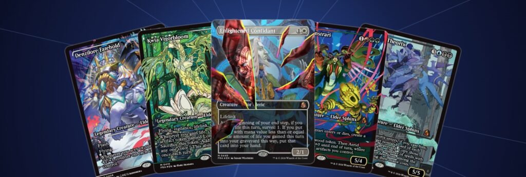 Five MTG Reality Fracture Collector Booster exclusive cards: four Japan Showcase legends and a facet foil shattered mirror card