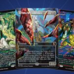 Five MTG Reality Fracture Collector Booster exclusive cards: four Japan Showcase legends and a facet foil shattered mirror card