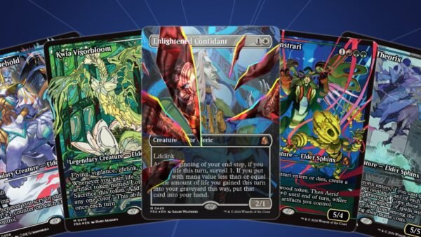Five MTG Reality Fracture Collector Booster exclusive cards: four Japan Showcase legends and a facet foil shattered mirror card