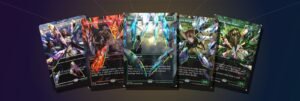 Five facet foil Shattered Mirror cards from MTG Reality Fracture fanned out: Return to the Light Realms, Curse-Marred Demon, Omnipresence, Hexhaven Invigorator and Simulacrum Shaper