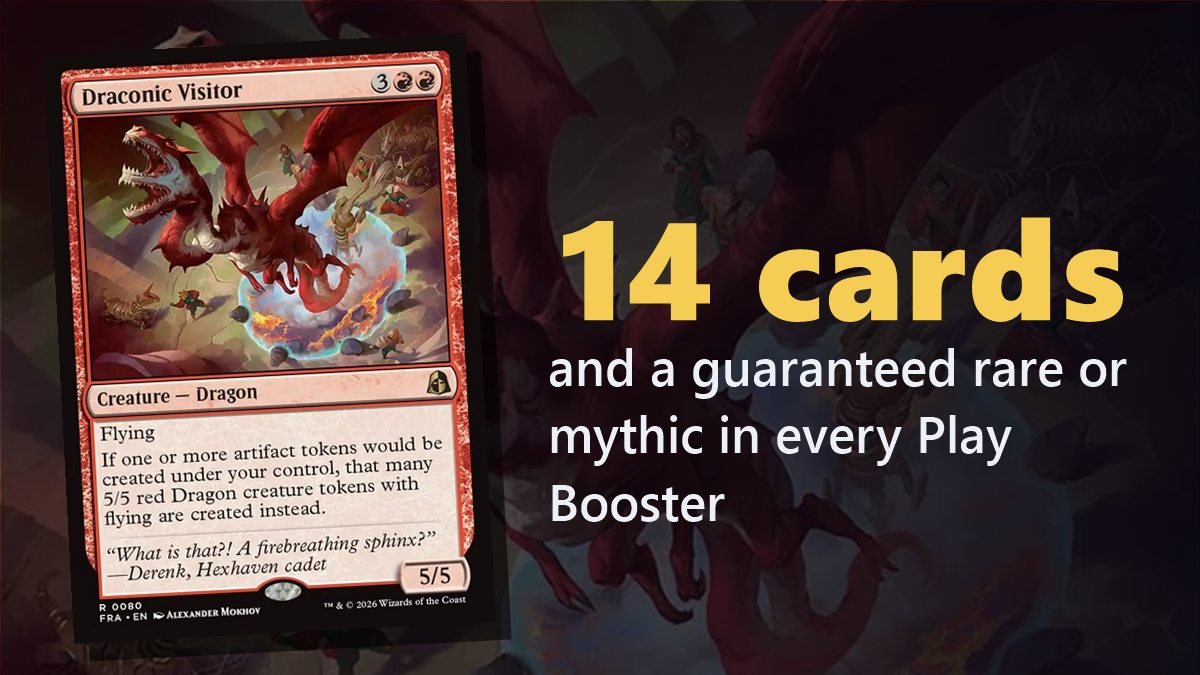 Draconic Visitor over its art: every Reality Fracture Play Booster has 14 cards and a guaranteed rare or mythic
