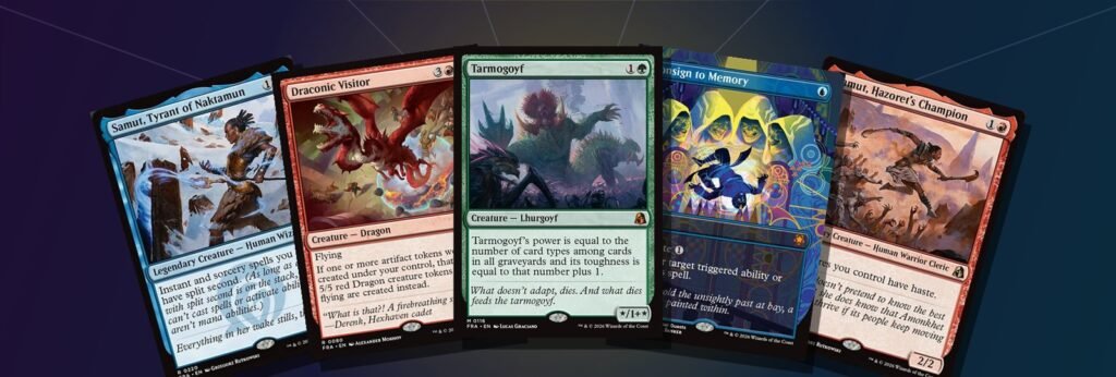 Fanned MTG Reality Fracture Play Booster cards: Samut echoed pair, Draconic Visitor, Tarmogoyf and Consign to Memory
