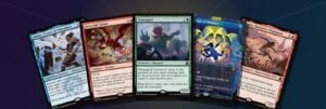 Fanned MTG Reality Fracture Play Booster cards: Samut echoed pair, Draconic Visitor, Tarmogoyf and Consign to Memory