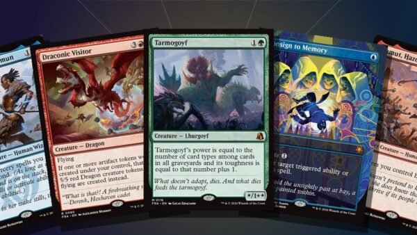 Fanned MTG Reality Fracture Play Booster cards: Samut echoed pair, Draconic Visitor, Tarmogoyf and Consign to Memory